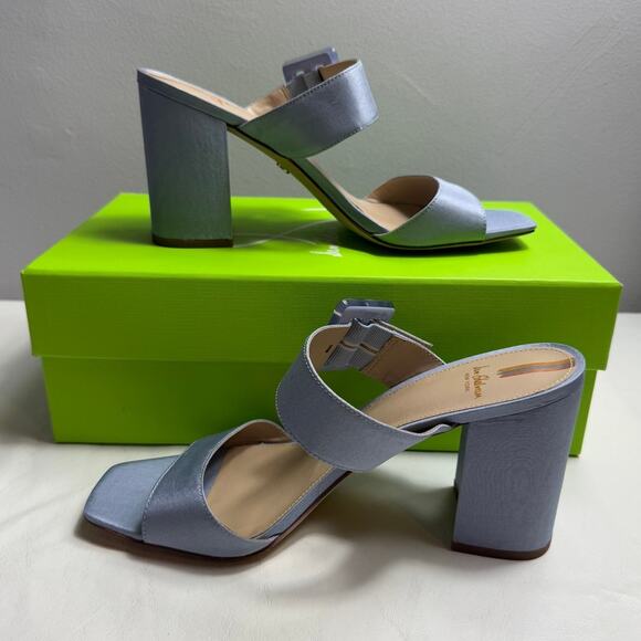New Sam Edelman Dalton Blue Satin Slip On Block Heel Sandals Women's Size 10 - Picture 6 of 10